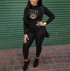 Casual Letter Lips Print Long Sleeve Tight Jumpsuit  YIBF-6035