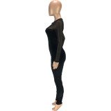 Sexy Velvet Mesh Patchwork Slim Jumpsuits MEI-9137