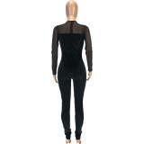 Sexy Velvet Mesh Patchwork Slim Jumpsuits MEI-9137