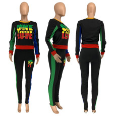 Fashion Casual Splice Letter Print Long Sleeve Pants Two Piece Set GLF-8092