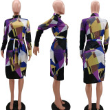 Sexy Printed Long Sleeve Split Sashes Midi Dress TK-6147
