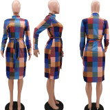 Sexy Printed Long Sleeve Split Sashes Midi Dress TK-6147