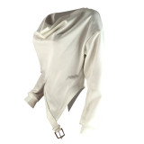 Solid Long Sleeve Irregular Patchwork Belt Tops BLX-7550