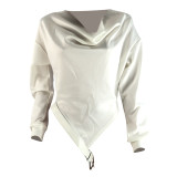 Solid Long Sleeve Irregular Patchwork Belt Tops BLX-7550