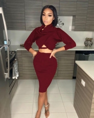 Sexy Ribbed Slash Neck Long Sleeve Midi Skirt 2 Piece Sets MAE-2075