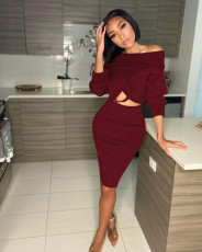 Sexy Ribbed Slash Neck Long Sleeve Midi Skirt 2 Piece Sets MAE-2075