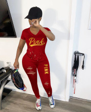 Plus Size Pink Letter Print T Shirt Hole Pants 2 Piece Sets OM-1202