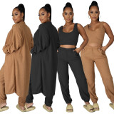 Solid Tank Tops+Long Cloack+Pants 3 Piece Sets MEM-8321