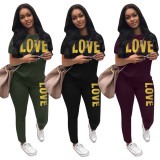 Plus Size LOVE Letter Print Short Sleeve 2 Piece Sets LSD-8805