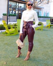 Casual Fashion PU Leather Nine-tenth Pants With Belt OLYF-6032