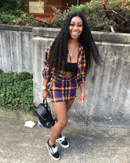 Plaid Print Long Sleeve Top Mini Skirt 2 Piece Sets OD-68200