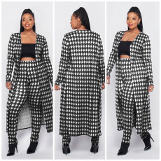 Plus Size Houndstooth Print Long Cloak+Pants 2 Piece Sets XMY-9293
