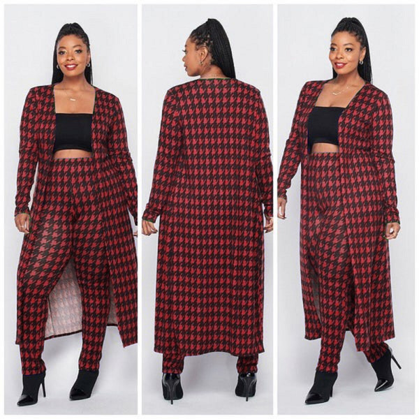 Plus Size Houndstooth Print Long Cloak+Pants 2 Piece Sets XMY-9293