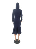 Solid Hooded Long Sleeve Mermaid Midi Dress FOSF-8034