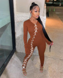 Sexy Ribbed Lace Up Long Sleeve Slim Jumpsuits FOSF-8038