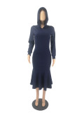 Solid Hooded Long Sleeve Mermaid Midi Dress FOSF-8034