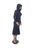 Solid Hooded Long Sleeve Mermaid Midi Dress FOSF-8034