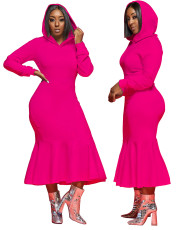 Solid Hooded Long Sleeve Mermaid Midi Dress FOSF-8034