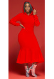 Solid Hooded Long Sleeve Mermaid Midi Dress FOSF-8034
