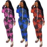 Tie Dye Print Zipper Long Sleeve Two Piece Sets FOSF-8026