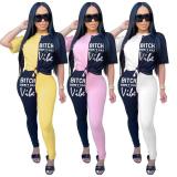 Letter Print Contrast Color Short Sleeve 2 Piece Ses FOSF-8001