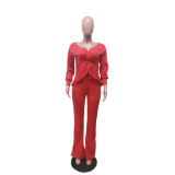 Solid V Neck Long Sleeve Two Piece Sets FOSF-8010