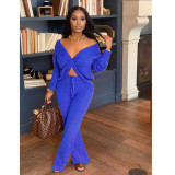 Solid V Neck Long Sleeve Two Piece Sets FOSF-8010