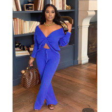 Solid V Neck Long Sleeve Two Piece Sets FOSF-8010