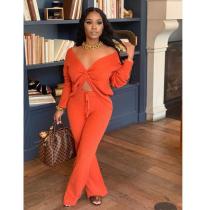 Solid V Neck Long Sleeve Two Piece Sets FOSF-8010