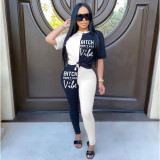 Letter Print Contrast Color Short Sleeve 2 Piece Ses FOSF-8001