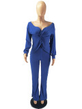 Solid V Neck Long Sleeve Two Piece Sets FOSF-8010