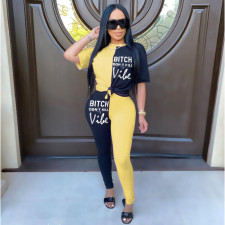 Letter Print Contrast Color Short Sleeve 2 Piece Ses FOSF-8001