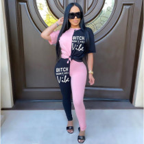 Letter Print Contrast Color Short Sleeve 2 Piece Ses FOSF-8001
