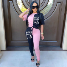 Letter Print Contrast Color Short Sleeve 2 Piece Ses FOSF-8001