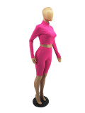 Solid Long Sleeve Knee Lengh Shorts Two Piece Sets FOSF-8002