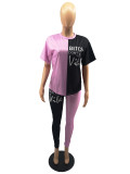 Letter Print Contrast Color Short Sleeve 2 Piece Ses FOSF-8001