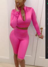 Solid Long Sleeve Knee Lengh Shorts Two Piece Sets FOSF-8002