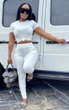 Solid Short Sleeve T Shirt Ruched Pants 2 Piece Sets AIL-153