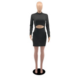 Tight Sexy Black Long Sleeve Split Mini Dress YIBF-6038