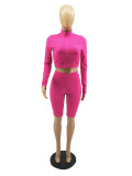 Solid Long Sleeve Knee Lengh Shorts Two Piece Sets FOSF-8002