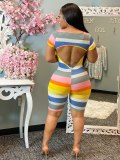 Colorful Striped Backless Short Sleeve Rompers WSM-5223