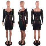 Sexy Sequined Long Sleeve Mini Dress LX-8569