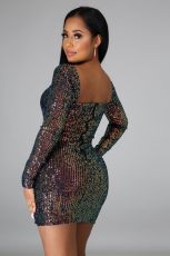 Sexy Sequined Long Sleeve Mini Dress LX-8569