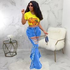 Plus Size Denim Ripped Hole Skinny Flared Jeans HSF-2361