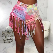 Plus Size Denim Tie Dye Tassel Jeans Shorts HSF-2358