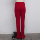 Solid Rib Mid Waist Split Skinny Pants SMR-9714
