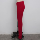 Solid Rib Mid Waist Split Skinny Pants SMR-9714