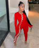 Sexy Ribbed Lace Up Long Sleeve Slim Jumpsuits FOSF-8038