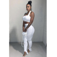 Plus Size Solid Color Hanging Neck Tube Top + Hem Split Pants 2 Piece Set TR-1103