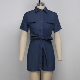 Casual Denim Short Sleeve Sashes Jeans Rompers SMR-9715
